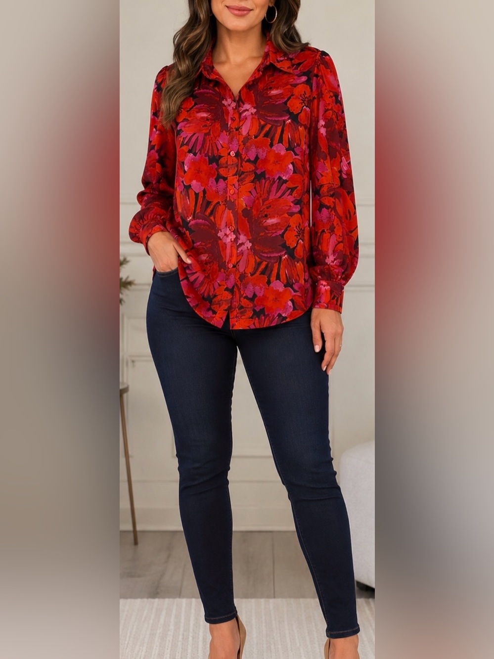 BTFBM~ Red & Pink Floral Button-Up Blouse ~ONLY~None Stretch. L